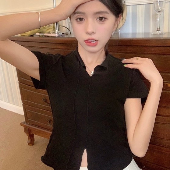 【ZHELIHANGFEI】 Áo Thun Dệt Kim Ngắn Tay Phong Cách Gợi Cảm