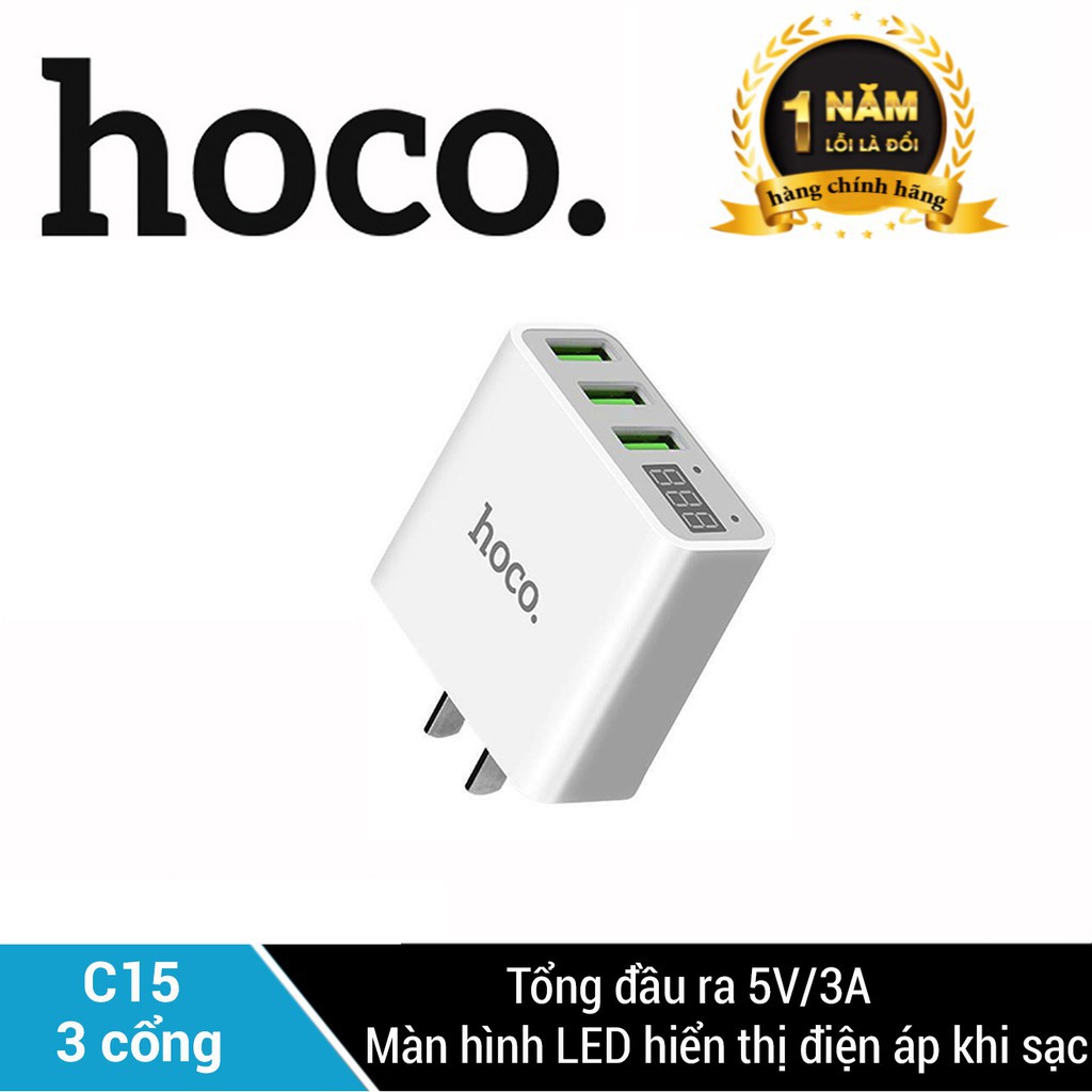 Cốc sạc nhanh 3A Hoco C15 màn hình Led báo sạc , hỗ trợ sạc 3 thiết bị cùng lúc tương thích với mọi thiết bị