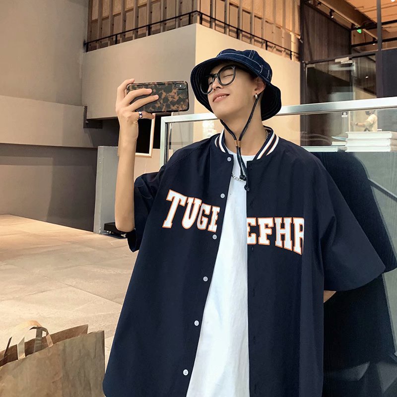 Áo sơ mi tay ngắn có cổ bóng chày phong cách HIP HOP
