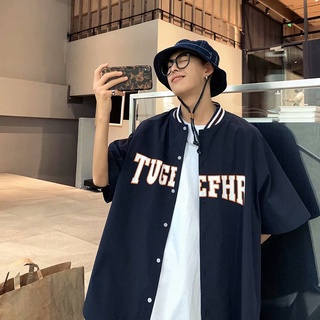 Áo sơ mi tay ngắn có cổ bóng chày phong cách HIP HOP