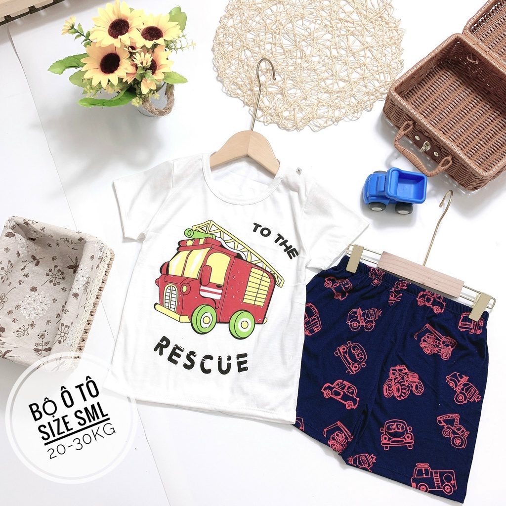 ( Size đại) Bộ thun cotton cộc tay họa tiết cho bé trai 20~30kg