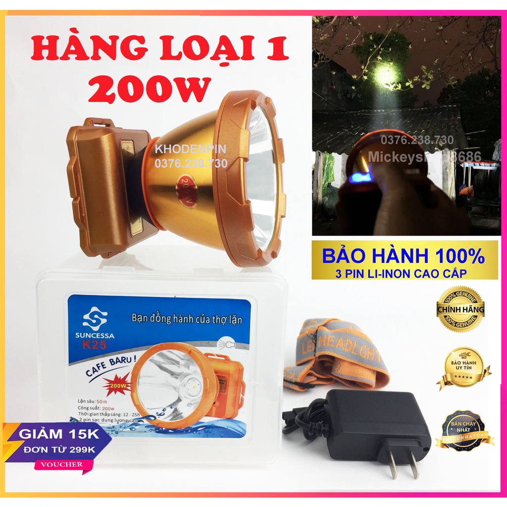 Đèn Pin Đội Đầu SUNCESSA K25 200 Đèn Kín Nước Pin bền bỉ đèn soi ếch ánh sáng vàng và trắng