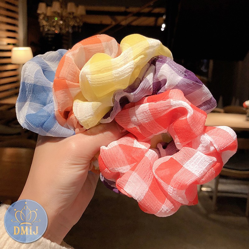 Cột Tóc Vải Scrunchies Họa Tiết Caro To Phong Cách Hàn Quốc