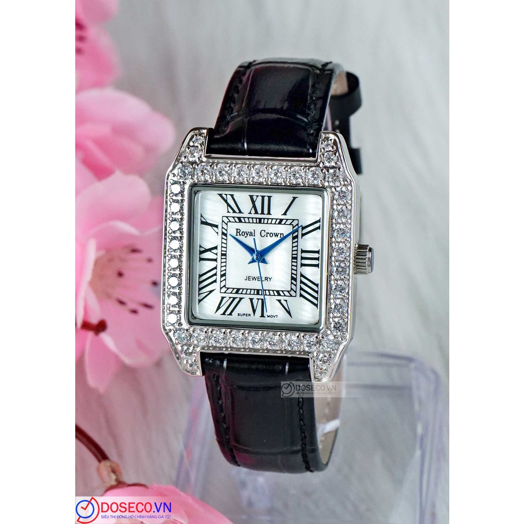 Đồng hồ nữ Royal Crown 6104 size to - vỏ trắng dây da đen