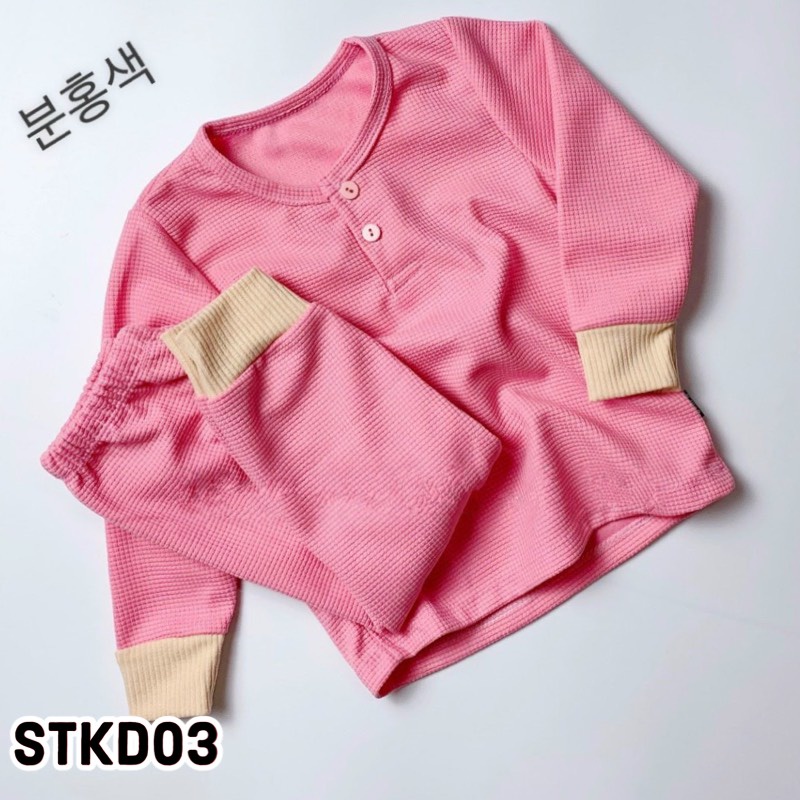 Đồ bộ dài tay cho bé trai, bé gái thun tăm tổ ong màu trơn Đồ ngủ cho bé 1 đến 5 tuổi - STKD