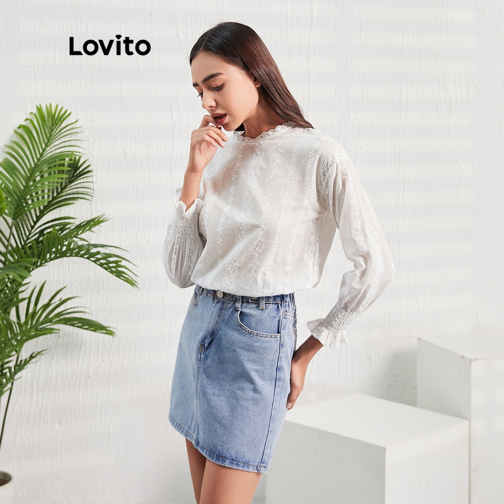 Áo kiểu Lovito bằng vải voan phối ren tương phản tay phồng đáng yêu L07156 (màu trắng) | BigBuy360 - bigbuy360.vn