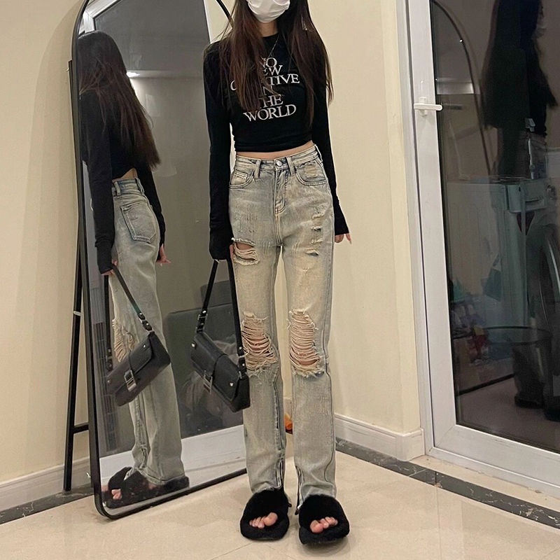 Quần Jean Dài Dáng Suông Mỏng Màu Sắc Tươi Sáng Xẻ Tà Phối Khóa Kéo Thời Trang Mùa Hè Cho Nữ
