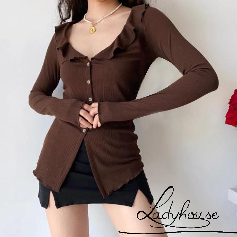 Áo Kiểu Cổ Chữ V Tay Dài Cài Khuy Màu Nâu Trơn Thời Trang Dành Cho Nữ