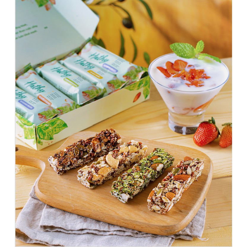 Bánh Granola mix 8 hạt dinh dưỡng chuẩn keto, ít đường, hộp 4 vị hạt điều, cacao, hạnh nhân, trà xanh - Hathy Food.