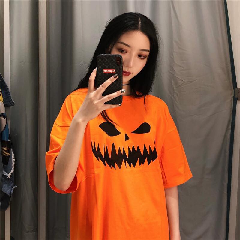 UNISEX - ÁO THUN TAY LỞ MÀU CAM - ÁO THUN HALLOWEEN