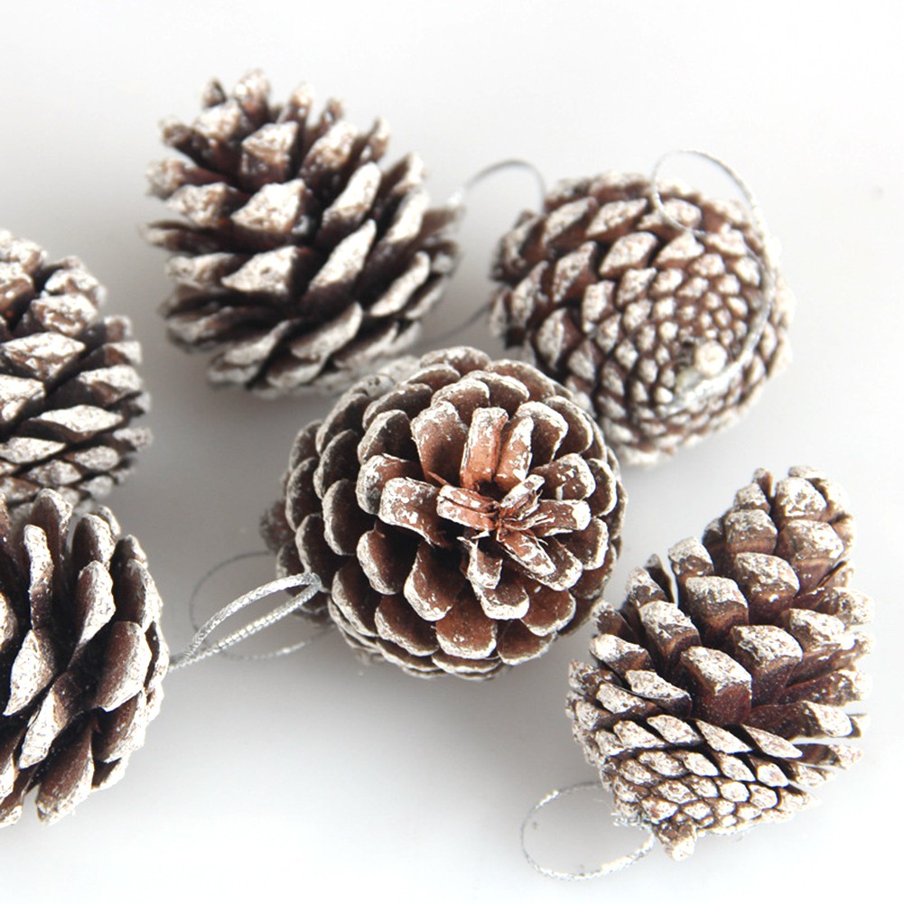 Christmas Tree Decoration Pine Cone Pendant Natural Pine Cone Dyed White Small Pine Cone Ornaments 6PCS