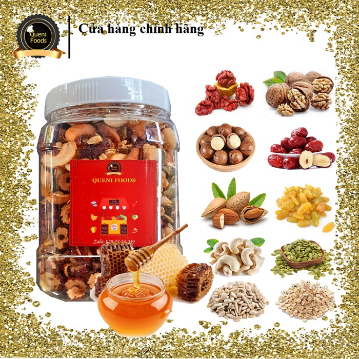 [Mua 1 tặng 1] Granola sấy mật ong rừng gồm óc chó mắc ca  hat hạnh nhân Queni Foods loại 1 500g- tặng khô gà