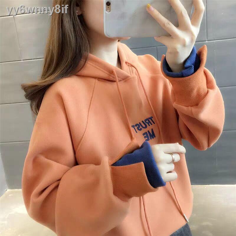 plus nhung dày dặn áo len mùa thu nữ giả hai mảnh có mũ học sinh phiên bản hàn quốc rờiThời