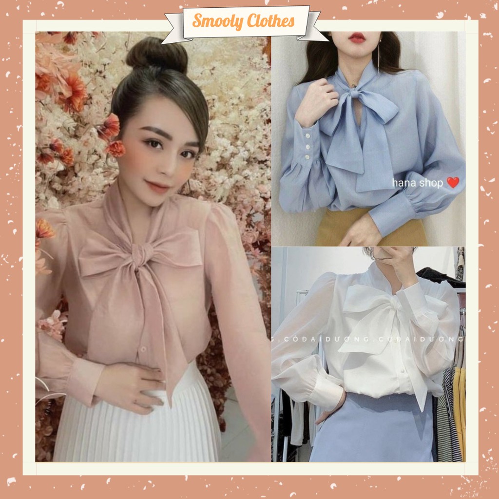 {Hàng Cao Cấp Có Ảnh Thật} Áo Sơ Mi Tay Bồng Cổ Nơ Chất Liệu Tơ Lụa Cao Cấp - Smooly Clothes CD078