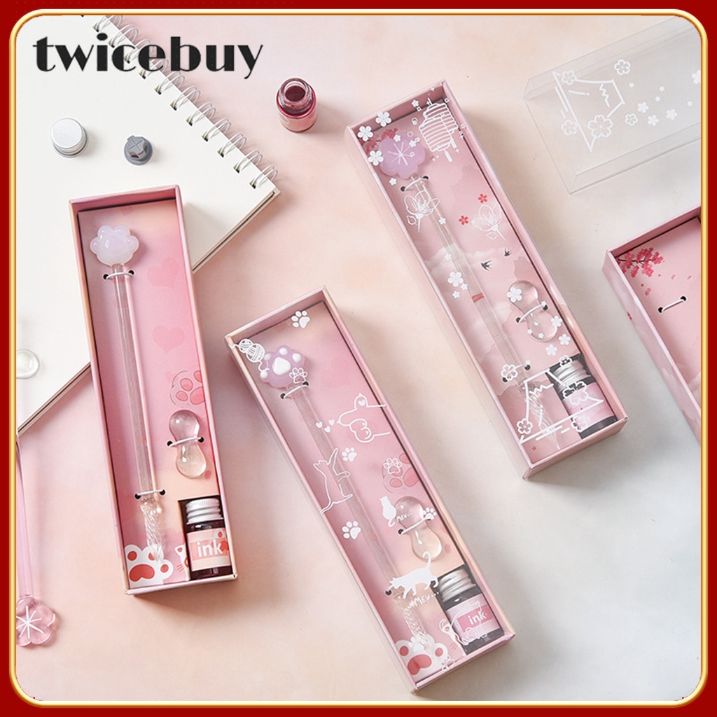 Set bút chấm mực bằng thủy tinh pha lê đầu kim nhọn kèm lọ mực dùng cho viết thư pháp dễ thương