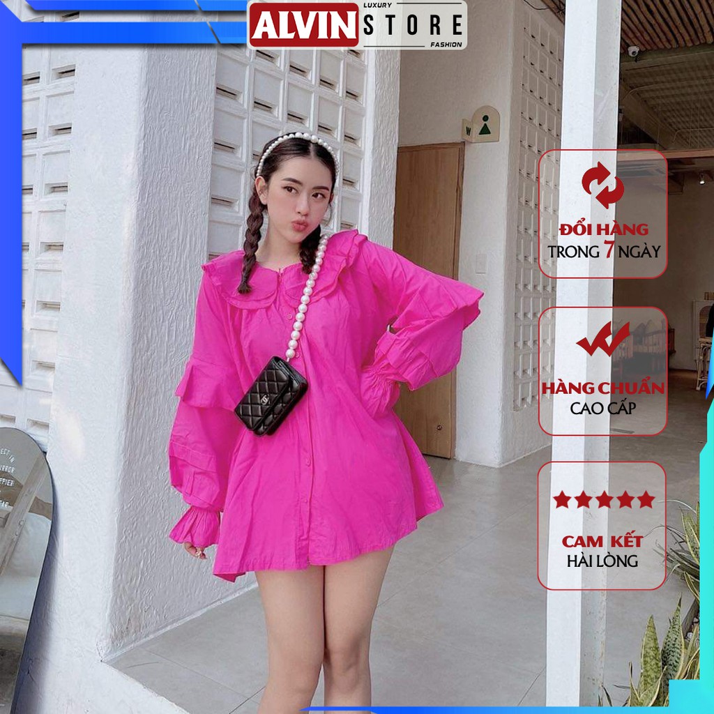Áo Babydoll Nữ tay dài cổ bèo tầng AlvinStore thiết kế kiểu áo tiểu thư tay phồng bánh bèo 12001