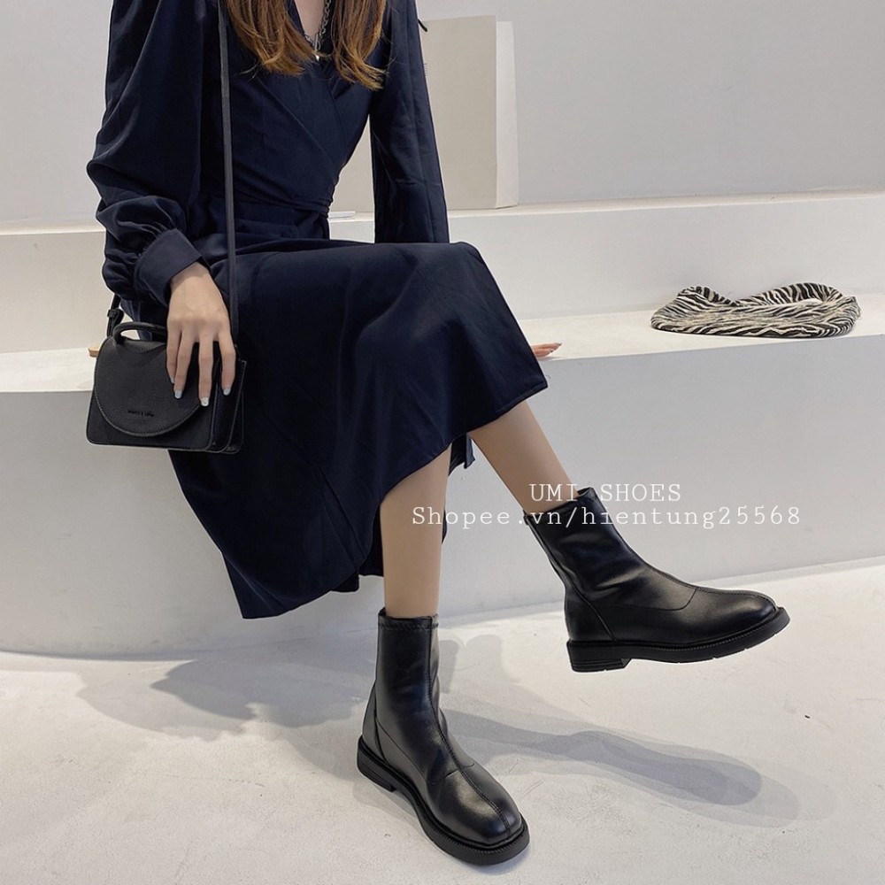 Giày Boots Ulzzang khóa kéo SNU05 cao cổ da PU cổ lửng đế độn đế to bự đơn giản đi chơi đẹp mẫu mới