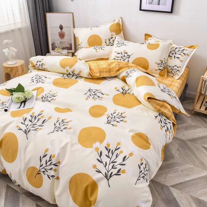 Bộ chăn ga gối drap giường chất cotton poly họa tiết hoa cỏ tròn vàng