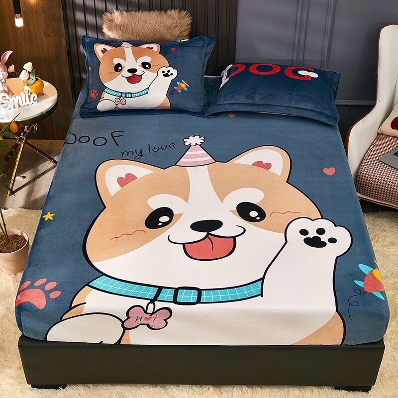 SÉT GA GỐI NỈ SỮA HÌNH NGỘ NGHĨNH ĐÁNG YÊU (1 ga và 2 vỏ gối)