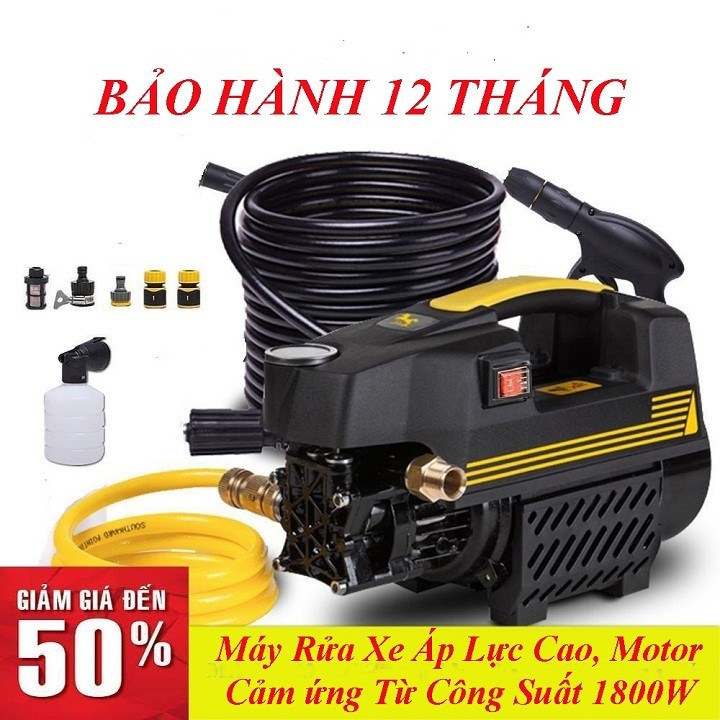 MÁY XỊT RỬA XE MINI GIA ĐÌNH 1800W TỰ HÚT NƯỚC, TỰ NGẮT, MÔ TƠ TỪ , TẶNG BÌNH XÀ PHÒNG