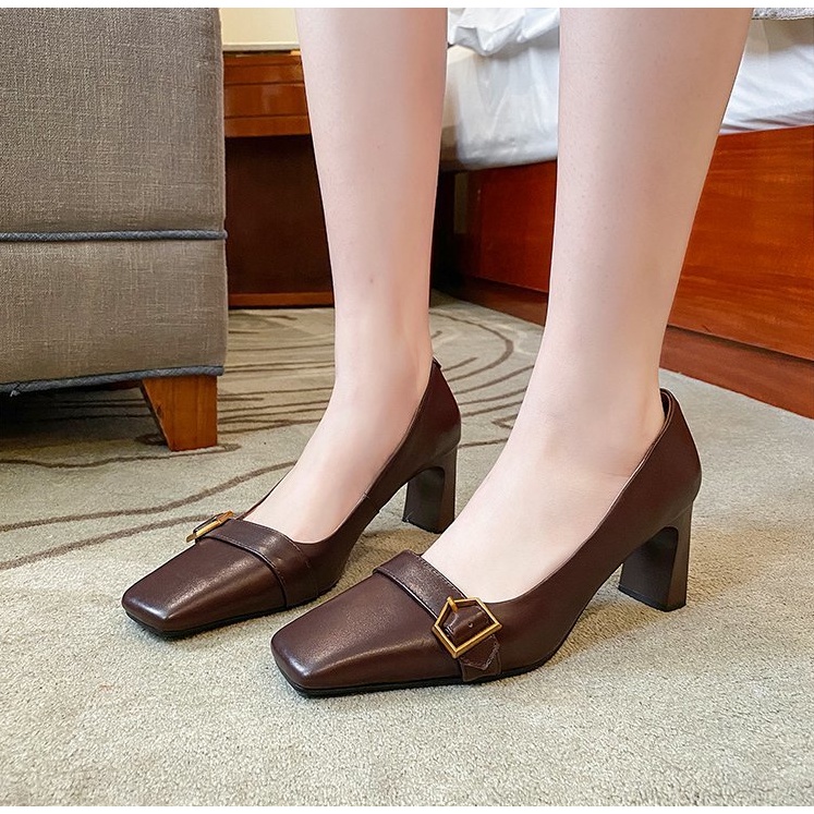 Giày cao gót Mary Jane mũi vuông loafer cao gót 7cm công sở vintage