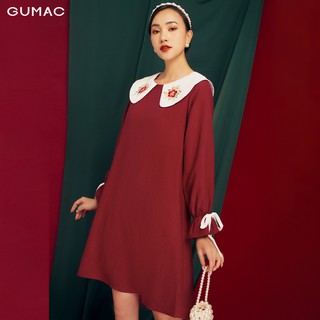 Đầm suông nữ mới đẹp thêu lá GUMAC thời trang nữ màu đỏ cực quyến rũ DB1156