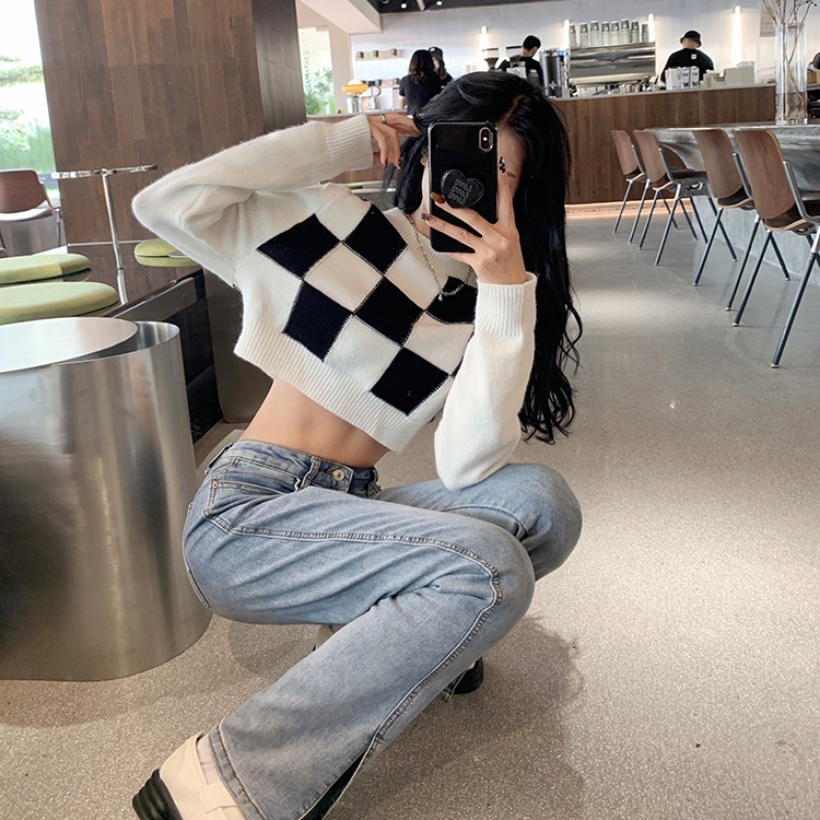 Áo len croptop tay dài 2021, croptop nữ màu trắng họa tiết kẻ ô vuông thời trang thu đông hàn quốc | BigBuy360 - bigbuy360.vn