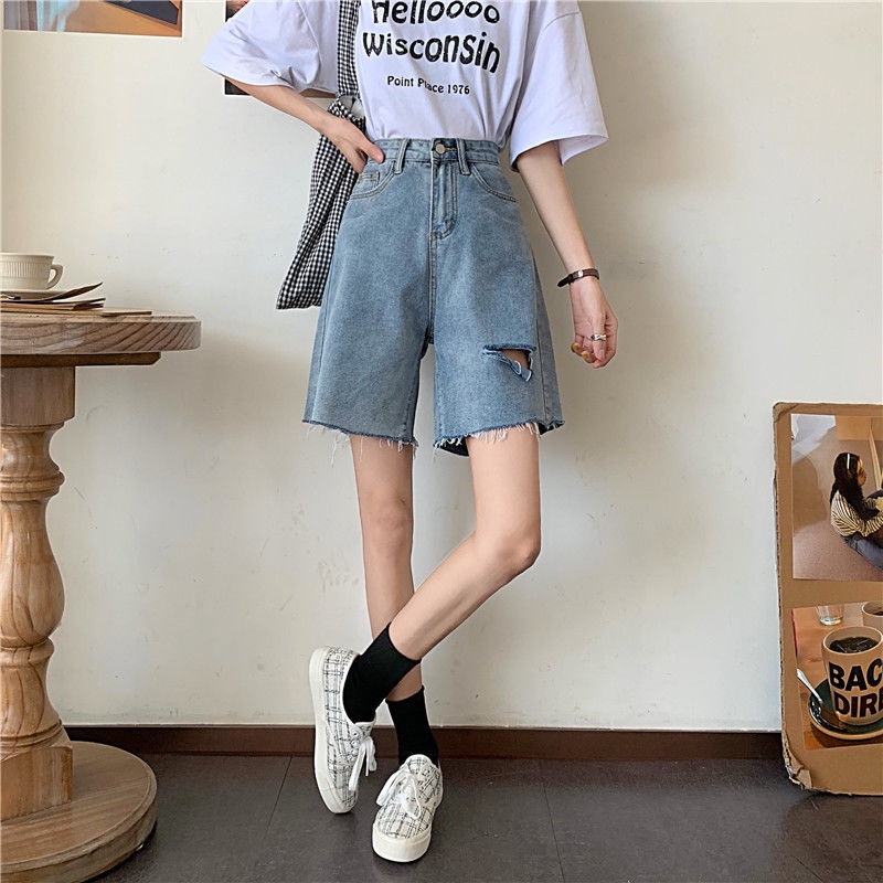 AMOI Quần Short Denim Lưng Cao Ống Rộng Phối Rách Thời Trang Hàn Quốc Cho Nữ