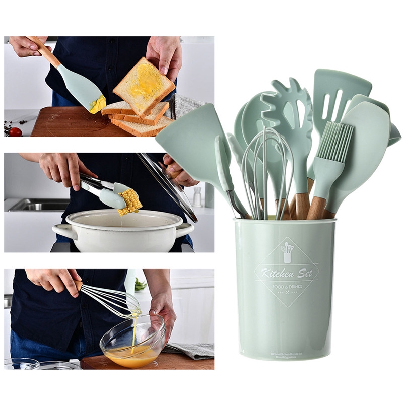 NA| Silicone Kitchen Cooking Utensils Natural Wood Handle Cooking Tools Turner Tongs Spatula Spoon with Organizer - Blue