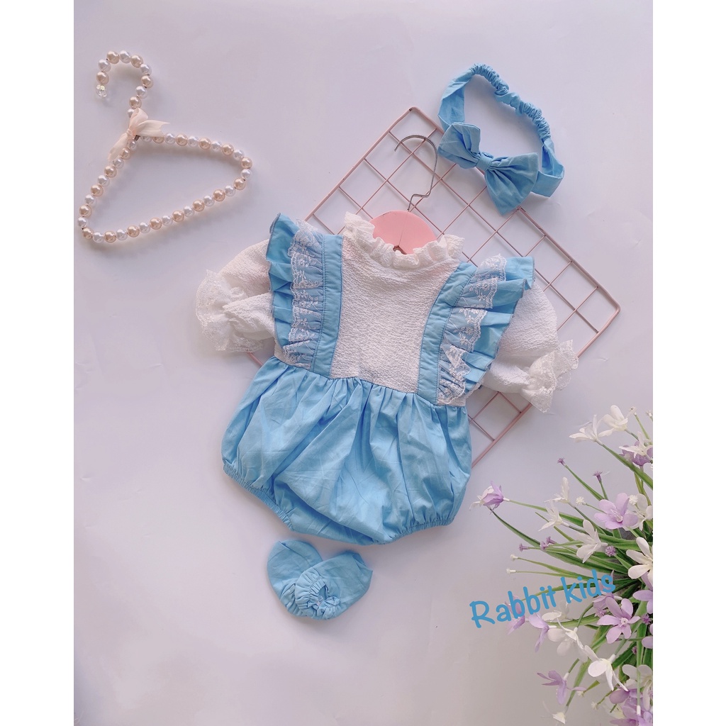 Bộ Đồ Liền Thân Cho Bé Gái FREESHIPRabbit Kids - TẶNG KÈM TURBAN+GIÀY - Bodysuite Hè Sơ Sinh Xanh Da Trời Chất Thô Lụa