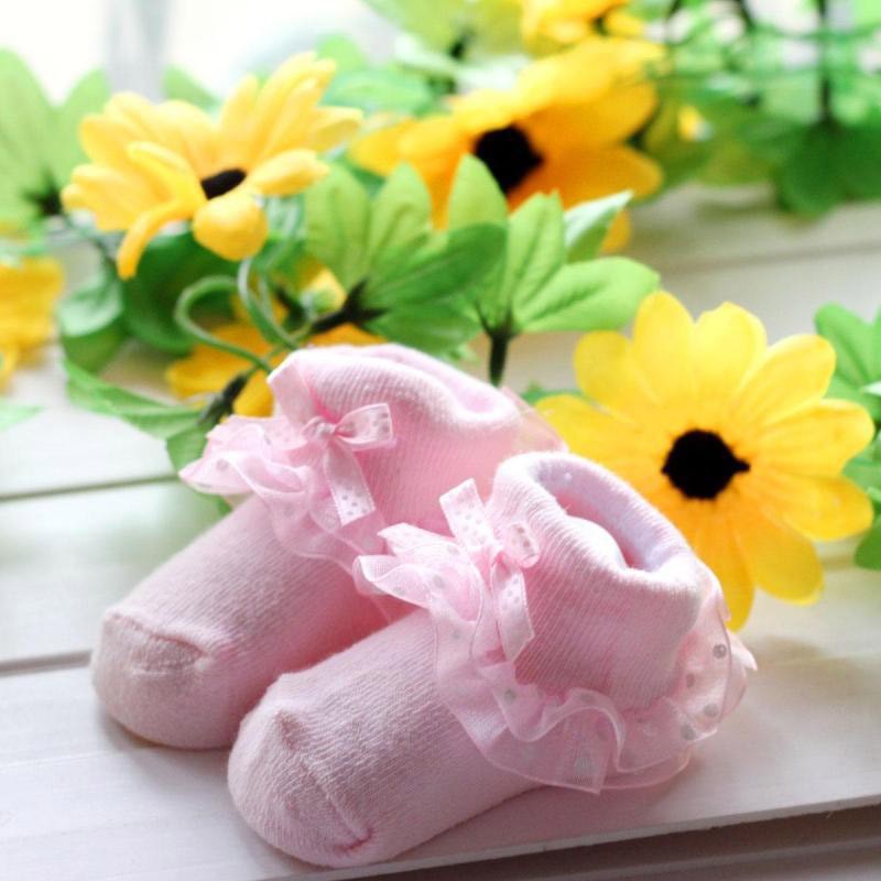 Vớ cotton cổ cao đính dây tua &amp; nơ cho bé gái 0-6 tháng tuổi
