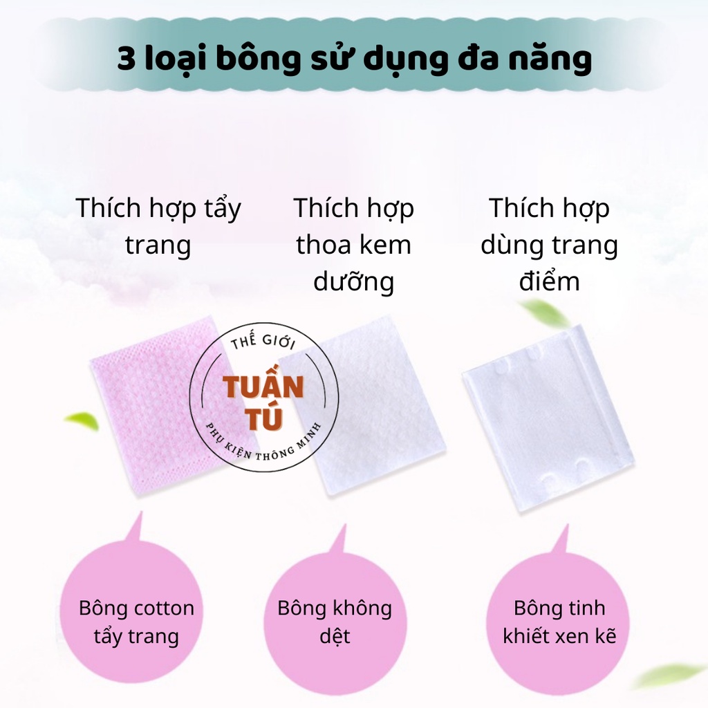 Hộp Bông Tẩy Trang 3 in 1 Cotton 100% Mềm Mịn Hộp 320 Miếng Tẩy Trang, Trang Điểm, Đắp Mặt Nạ - Tuấn Tú Office Store