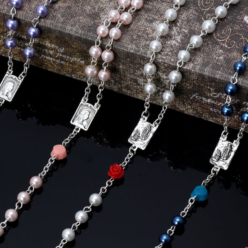 King Chic Vòng cổ Chuỗi Hạt Ngọc Trai Mặt Thánh Giá Và Hoa Hồng Sang Trọng Cho Công Giáo Dai