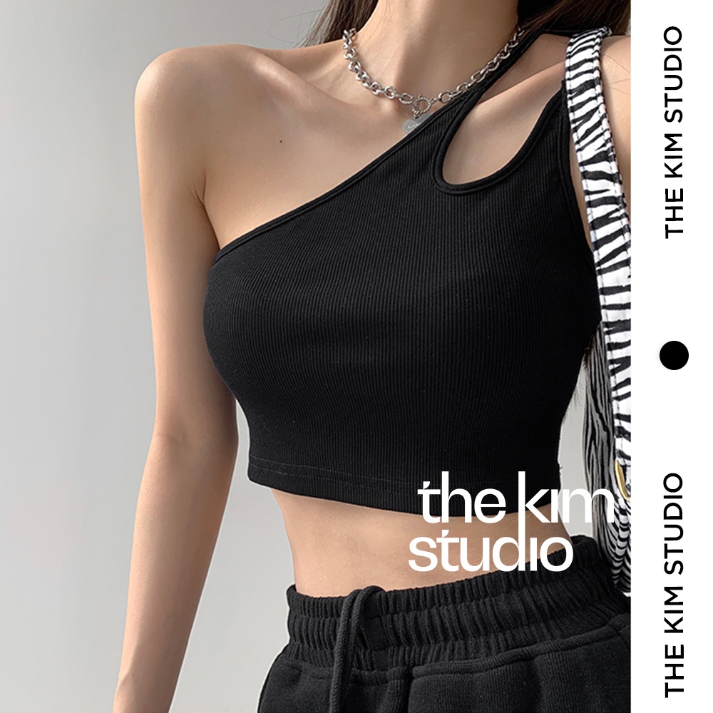 Áo croptop thun len tăm hai dây lệch vai TheKim, thun croptop quây ngực 2 dây chéo vai A146