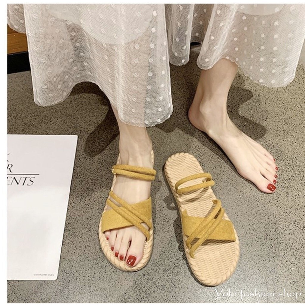 CS4_Dép nữ sandal quai chéo đế giả cói vintage siêu mềm êm chân