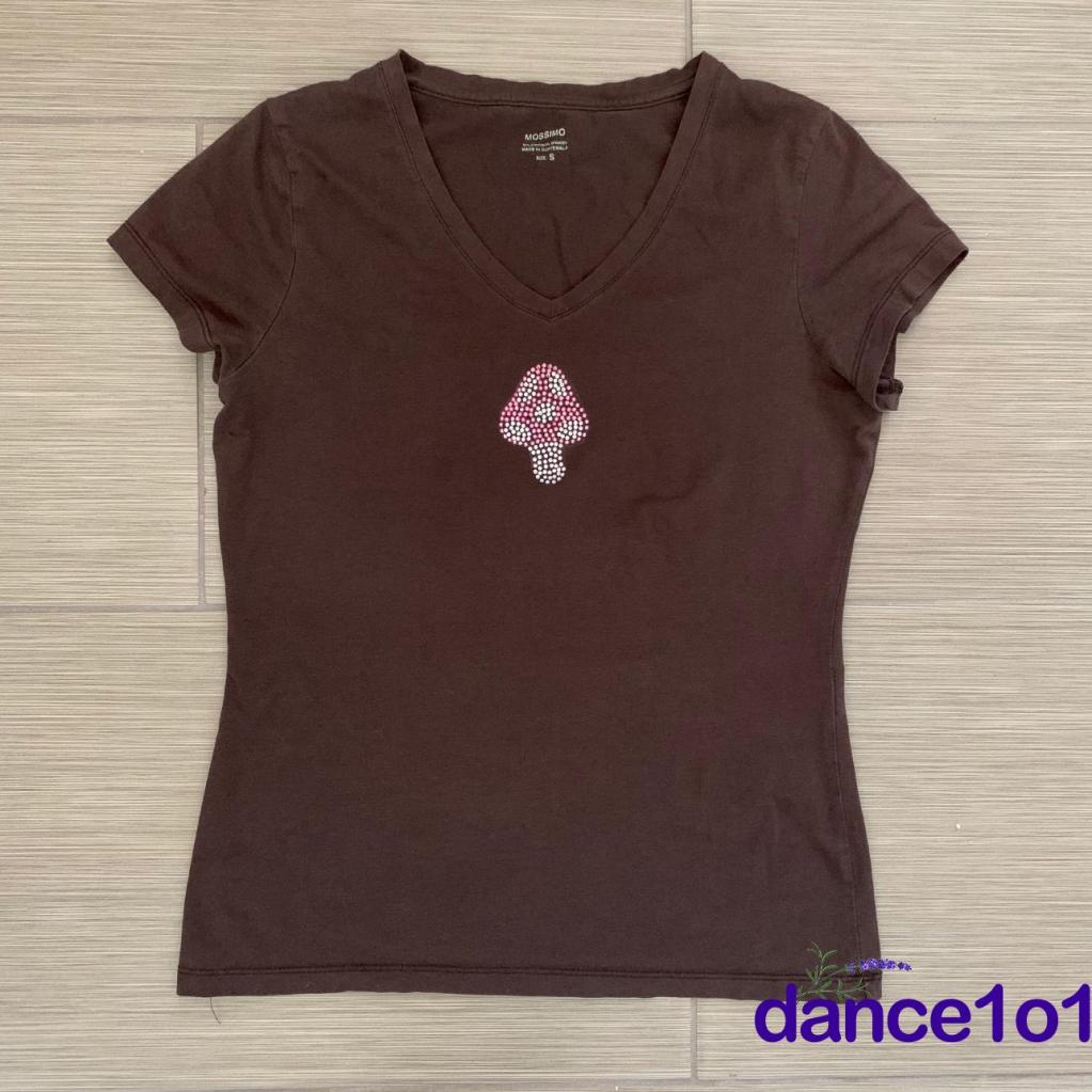 Áo thun ngắn tay cổ chữ V đính đá hình nấm thời trang cho nữ