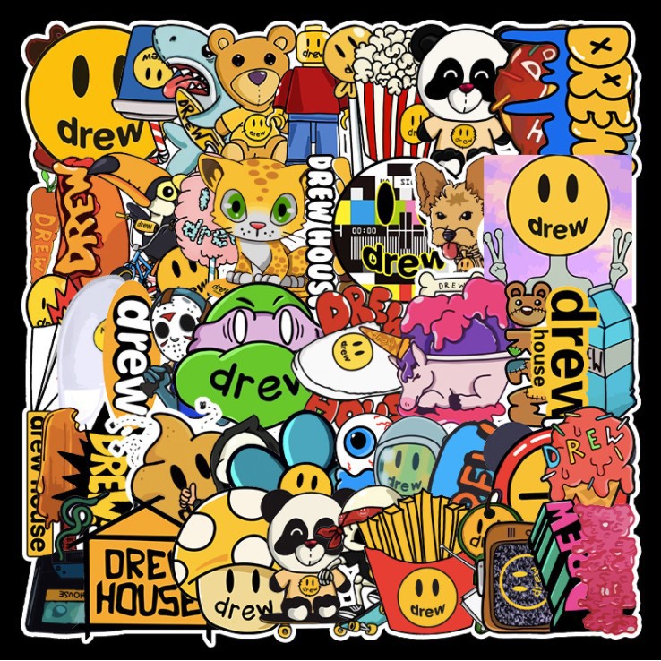 [Set 50 Cái] Sticker thương hiệu Drew nhiều họa tiết chống nước, dán trang trí laptop, mũ bảo hiểm, vali, xe ga