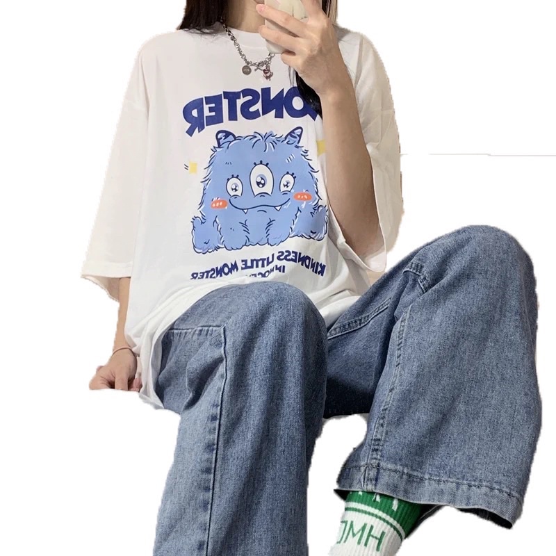 Áo thun cotton tay lỡ dáng rộng unisex gấu lông mặt xệ freesize 38-65kg