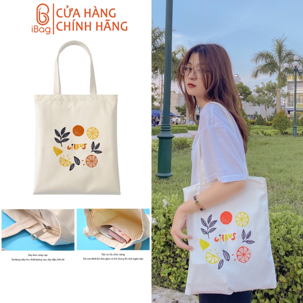 Túi tote vải canvas IBAG nữ phong cách ulzzang dáng unisex in hình Citrus N004