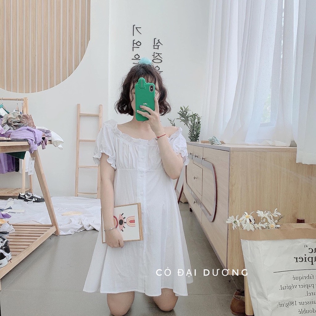 VÁY ĐŨI SWEET DRESS TÍM TRẮNG HỒNG VÀNG - ĐẦM TRỄ VAI CỔ VUÔNG CÚC CÀI TAY BÈO 4 MÀU