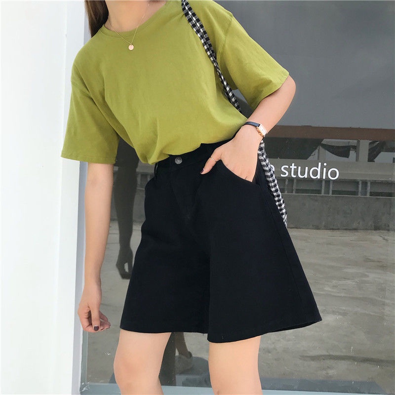 Quần Short Denim Lưng Cao Ống Rộng Phong Cách Hàn Quốc Thời Trang Mùa Hè Cho Nữ