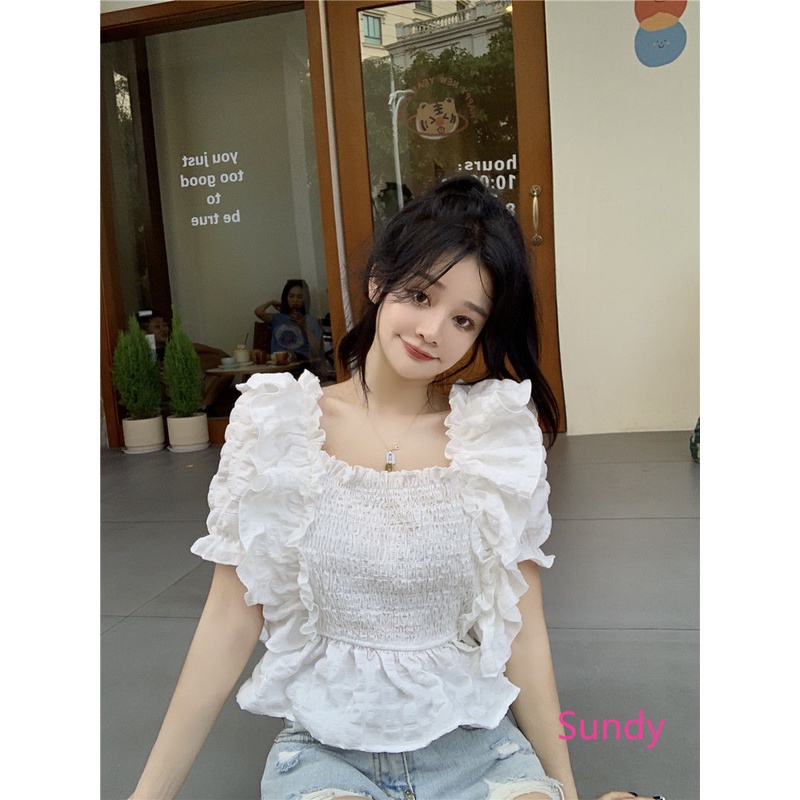 Áo Kiểu Tay Phồng Cổ Vuông Xếp Ly Phong Cách Pháp Thời Trang Hè Cho Nữ