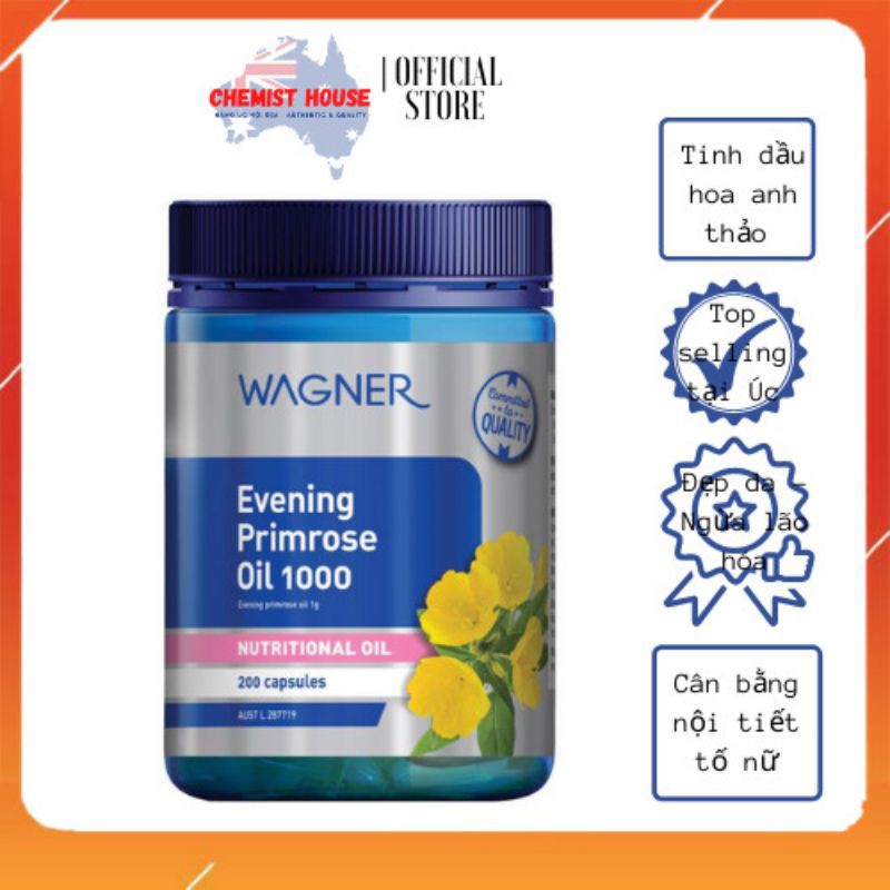 [Hàng Chuẩn ÚC] Viên uống tinh dầu hoa anh thảo 200 viên Wagner Evening Primrose Oil 1000 DATE 2023