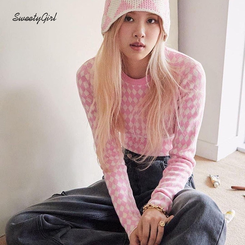 Áo Sweater Lửng Dệt Kim Cổ Tròn Tay Dài Màu Sắc Tương Phản Dễ Phối Đồ Cho Nữ