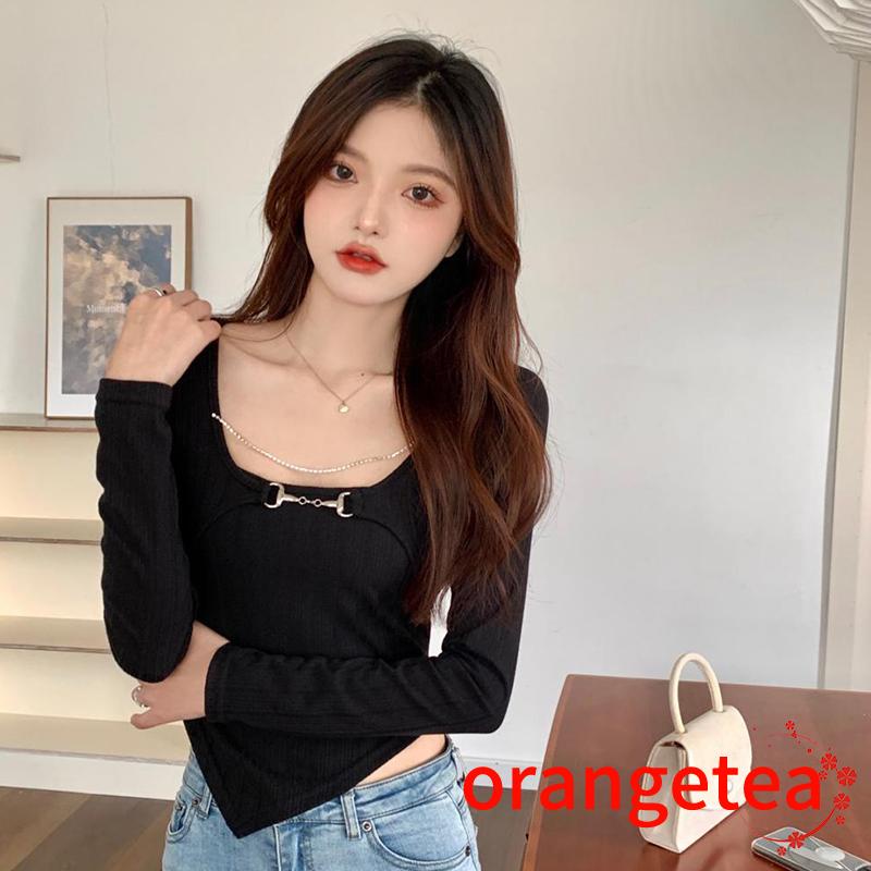 Áo Croptop Tay Dài Cổ Chữ U Màu Sắc Thời Trang Cho Nữ