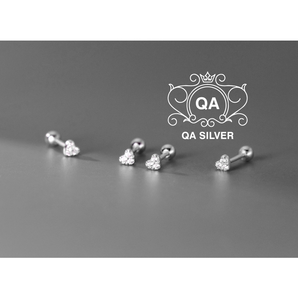 Khuyên tai bạc trái tim đính đá bông tai bạc chốt bi vặn tròn ren xoắn S925 HEART Silver Earrings QA SILVER EA191002