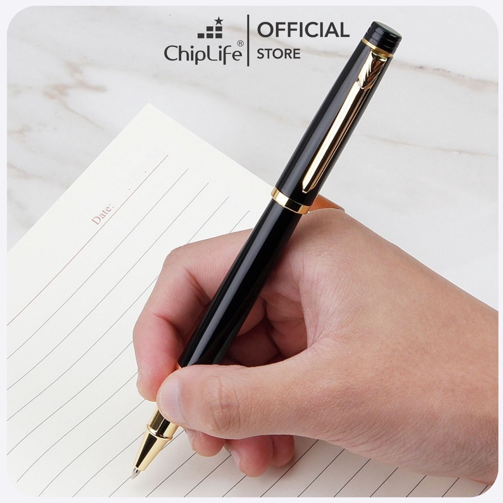 Bút kim loại khắc tên PICA CHIPLIFE P028 - Đen viền vàng ngòi 0.5mm mực xanh