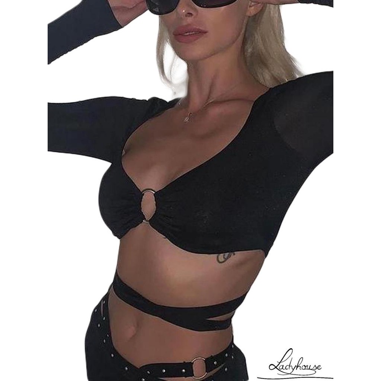 Áo Croptop Tay Dài Cổ Vuông Màu Trơn Khoét Lỗ Màu Trơn Quyến Rũ Cho Nữ