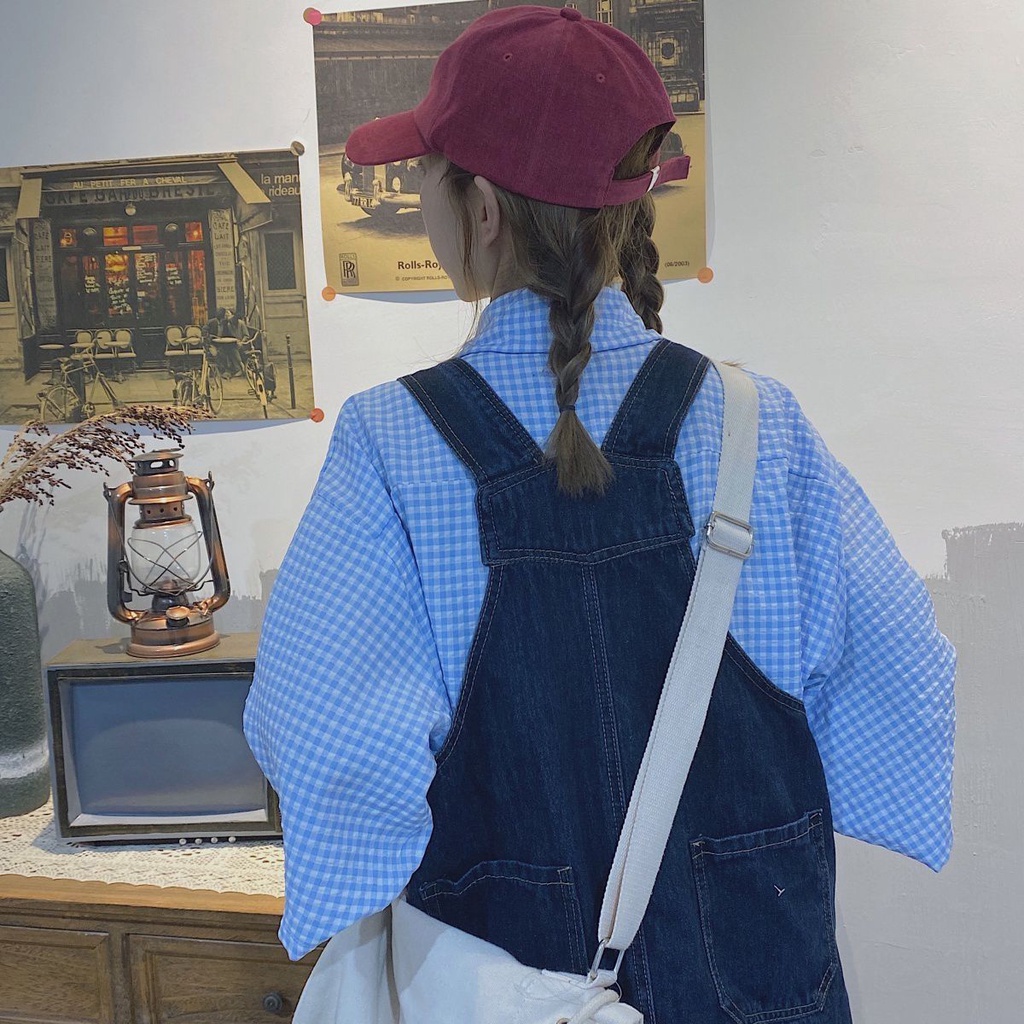 Chân váy yếm IELGY denim màu xanh dương đậm cổ điển cho nữ