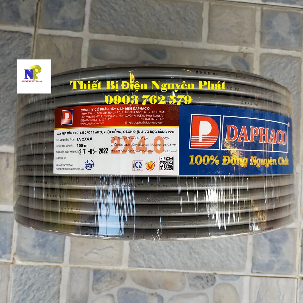 Dây Cáp Điện Pha Mềm 2 Lõi, Ruột Đồng FA 2x4.0 - Cuộn 100m Dây Pha Tròn Xám 2 Lớp Vỏ Bọc PVC